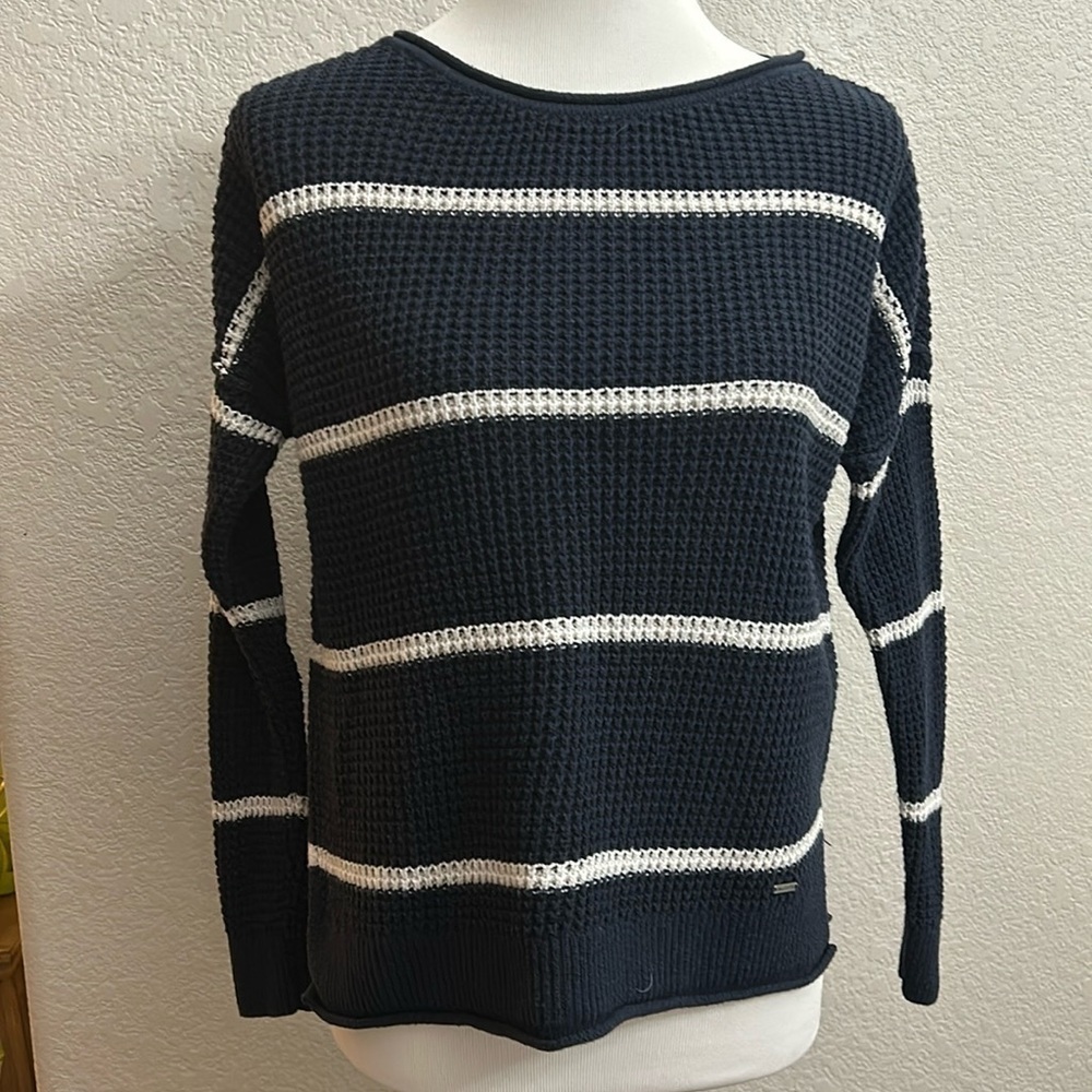 Hollister Co. Blue White Striped Fisherman Waffle Knit Boat Neck Sweater Size XS